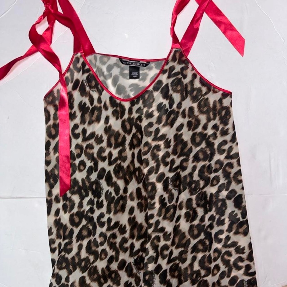 Victorias Secret Leopard print satin slip dress with red ribbon straps size M
